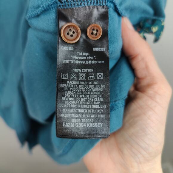 Ted Baker Polo Shirt Mens XXL 5‎ Floral Collar Teal Blue 100% Cotton Preppy - Picture 7 of 8